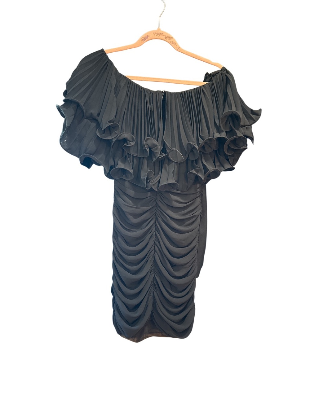 Black Ruffled Off-Shoulder Ruched Cocktail Dress